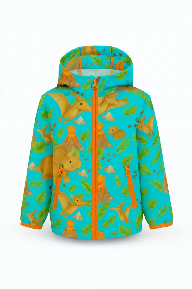 Zimní softshell s dinosaury a sopkou