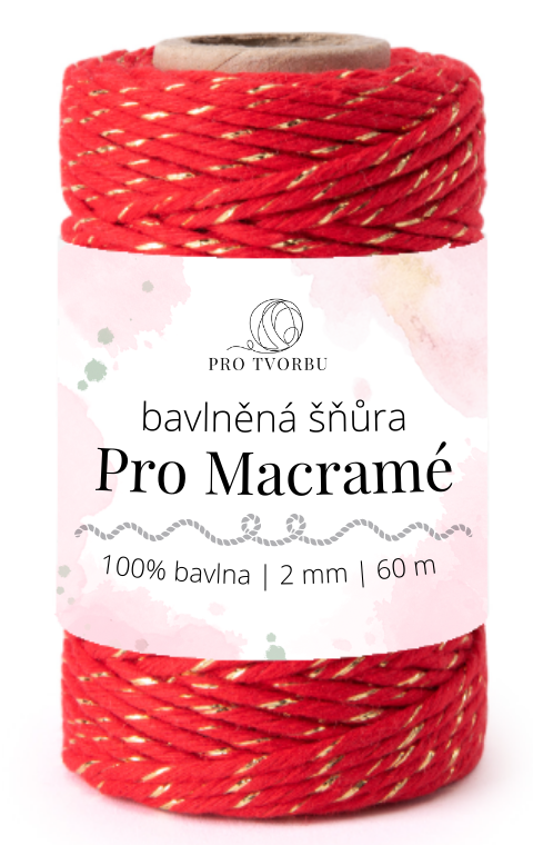 bavlněná šňůra Pro Macramé – STANDARD COTTON 2mm / 50 m - červená se zlatou nitkou
