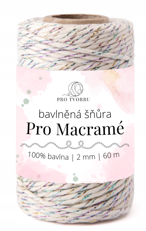 bavlněná šňůra Pro Macramé – STANDARD COTTON 2mm / 50 m - natural s duhovou nitkou