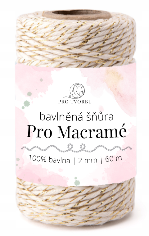bavlněná šňůra Pro Macramé – STANDARD COTTON 2mm / 50 m - natural se zlatou nitkou