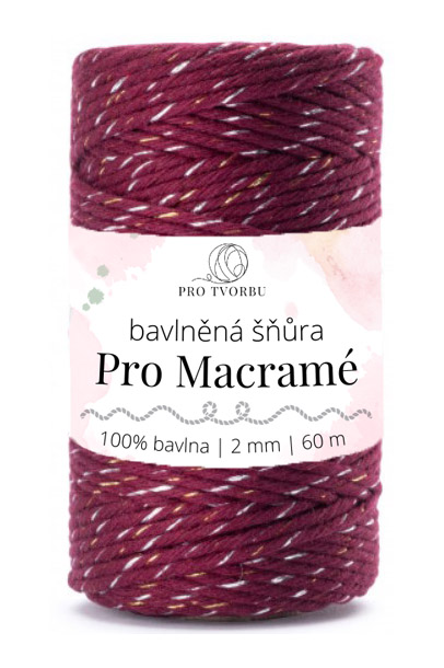 bavlněná šňůra Pro Macramé – STANDARD COTTON 2mm / 50 m - burgundy se zlatou nitkou