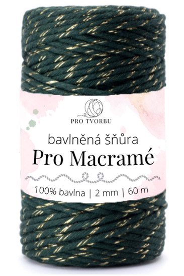 bavlněná šňůra Pro Macramé – STANDARD COTTON 2mm / 50 m - zelená lahvová se zlatou nitkou