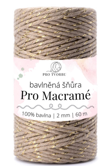 bavlněná šňůra Pro Macramé – STANDARD COTTON 2mm / 50 m - béžová se zlatou nitkou