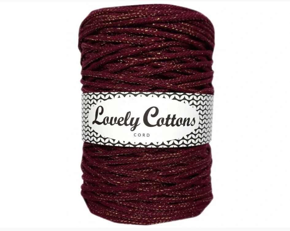 Bavlněná šňůra Lovely Cottons 5mm - Burgundy se zlatou nitkou