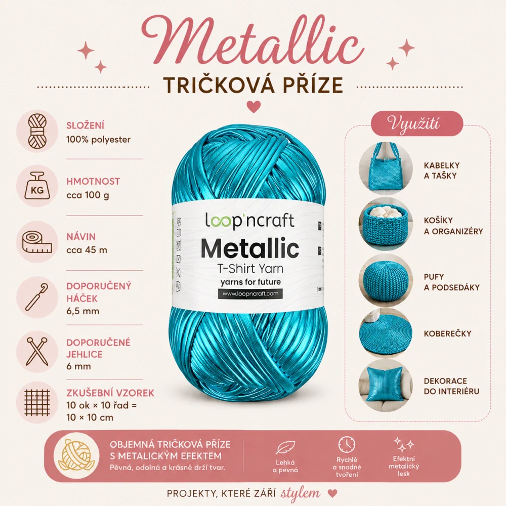 Tričková příze, tyrkysová metalická