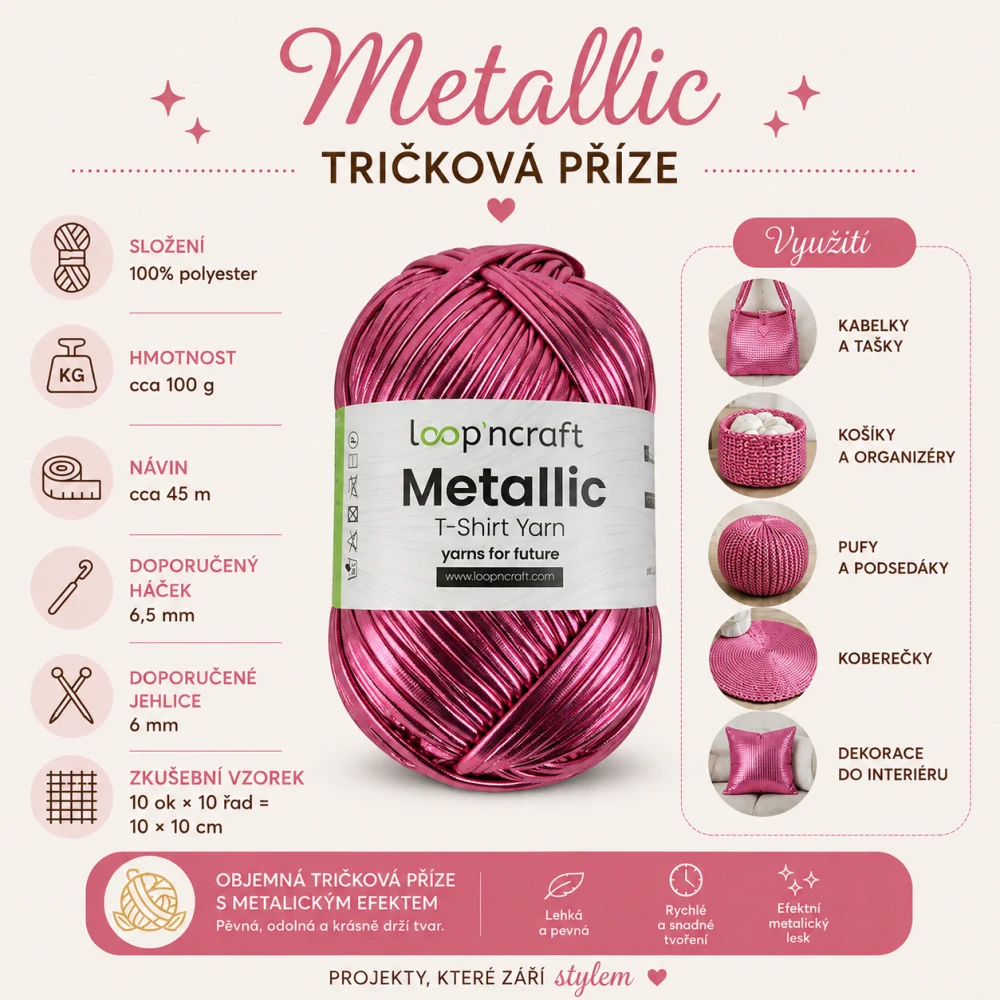 Tričková příze, růžová metalická