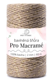 bavlněná šňůra Pro Macramé – STANDARD COTTON 2mm / 50 m - béžová se zlatou nitkou