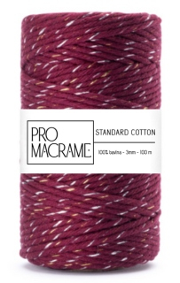 bavlněná šňůra ProMacrame – STANDARD cotton 3mm - burgundy se zlatou a stříbrnou nitkou