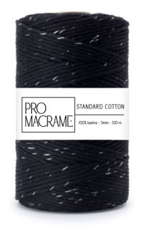 bavlněná šňůra ProMacrame – STANDARD cotton 3mm - černá se stříbrnou nitkou