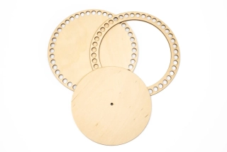 Sada dřevěný prstenec na košík kulatý, dno a víko s dírou na knopku – různé průměry, odstín bříza