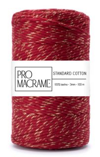 bavlněná šňůra ProMacrame – STANDARD cotton 3mm - červené víno se zlatou nitkou