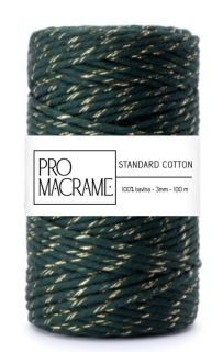 bavlněná šňůra ProMacrame – STANDARD cotton 3mm - zelená lahvová se zlatou nitkou