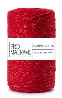 bavlněná šňůra ProMacrame – STANDARD cotton 3mm - červená se zlatou nitkou